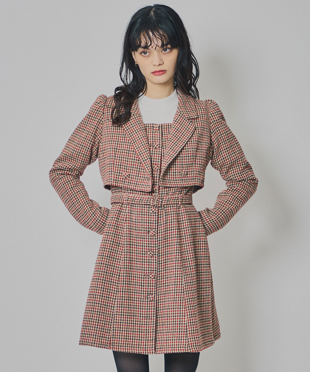 REDYAZEL「ハウンドトゥースショートジャケット&times;ミニワンピース」|ワンピース|ブラウン