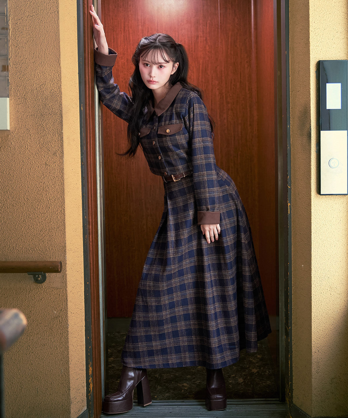 REDYAZEL「クラシカルチェックコンパクトシャツ&times;ロングスカートセットアップ」|ワンピース|