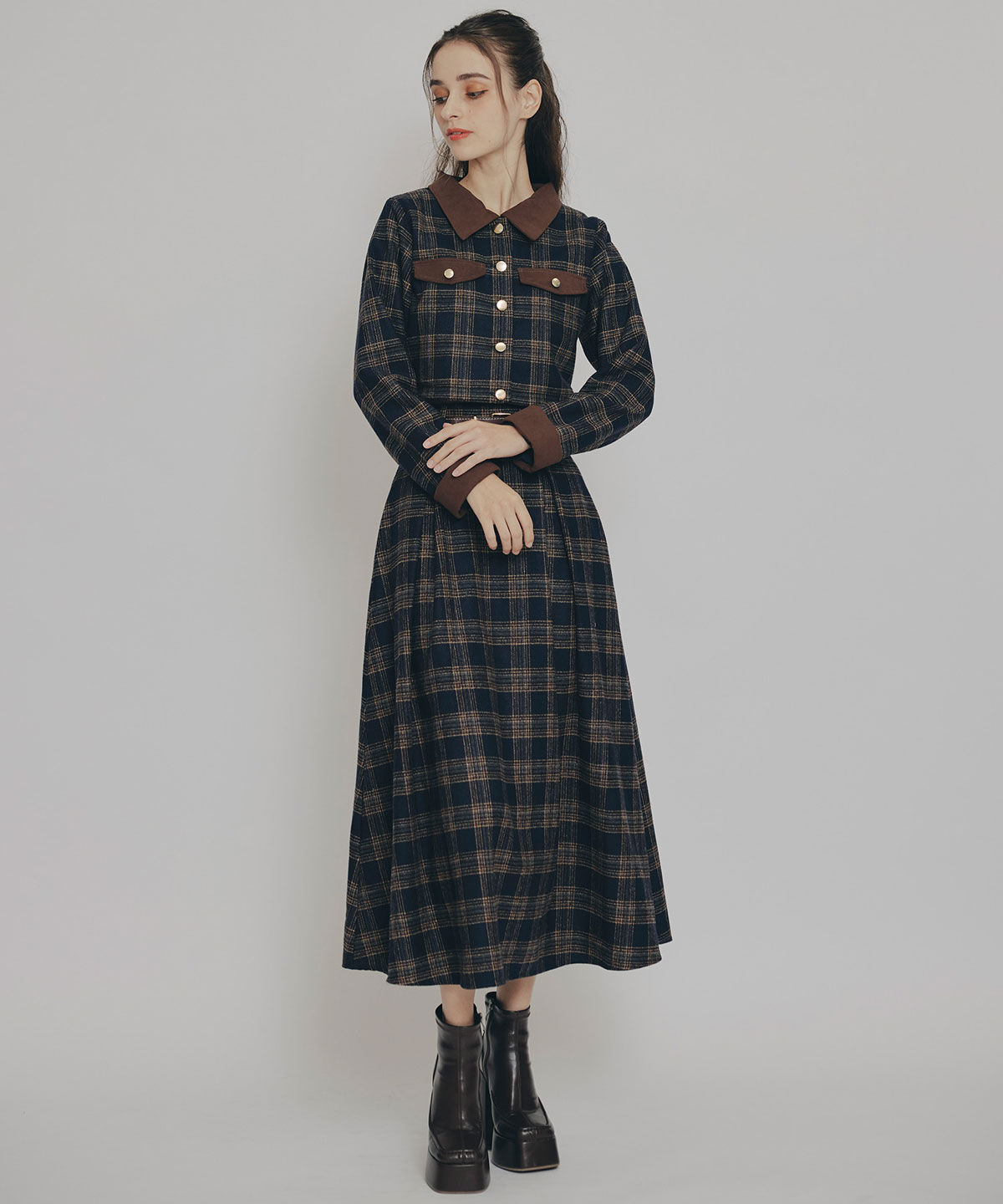 REDYAZEL「クラシカルチェックコンパクトシャツ&times;ロングスカートセットアップ」|ワンピース|