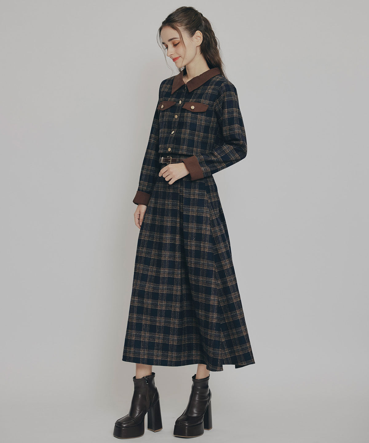 REDYAZEL「クラシカルチェックコンパクトシャツ&times;ロングスカートセットアップ」|ワンピース|