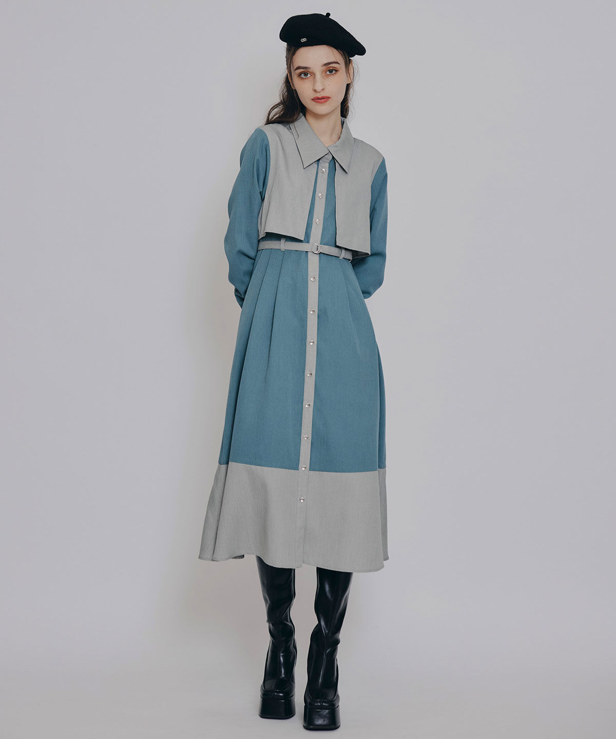 REDYAZEL「カラーブロッキングシャツロングフレアワンピース」|ワンピース|ﾀﾞｰｸｸﾞﾘｰﾝ