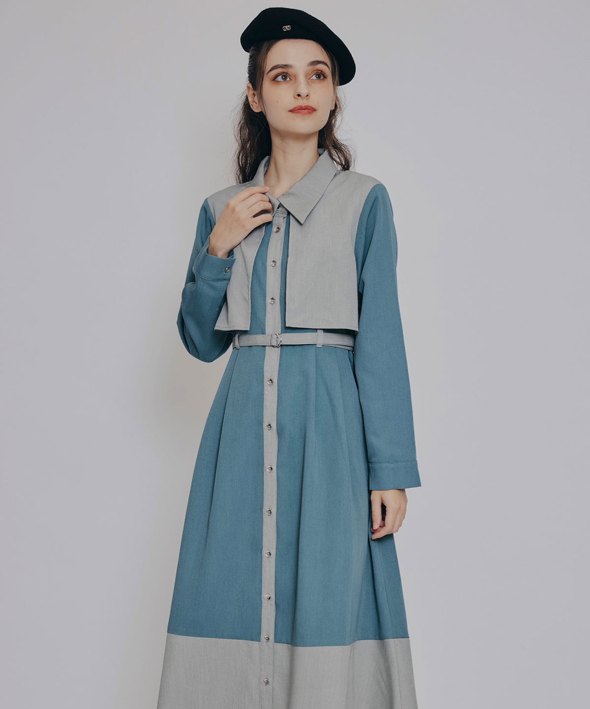 REDYAZEL「カラーブロッキングシャツロングフレアワンピース」|ワンピース|