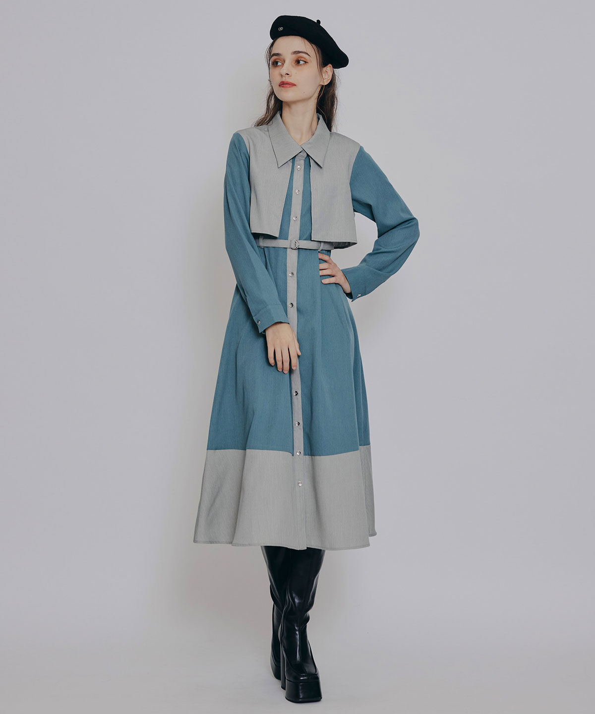 REDYAZEL「カラーブロッキングシャツロングフレアワンピース」|ワンピース|