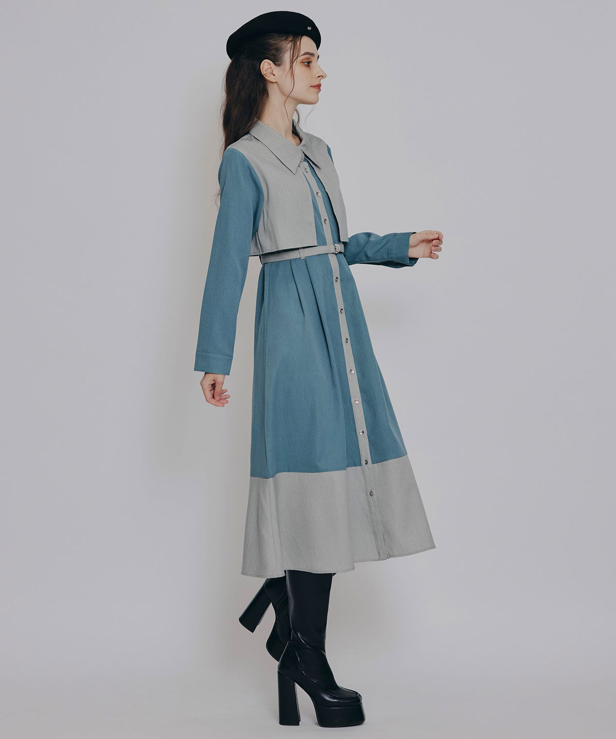 REDYAZEL「カラーブロッキングシャツロングフレアワンピース」|ワンピース|