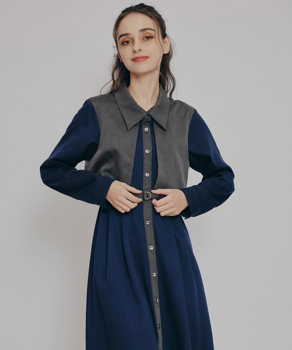 REDYAZEL「カラーブロッキングシャツロングフレアワンピース」|ワンピース|