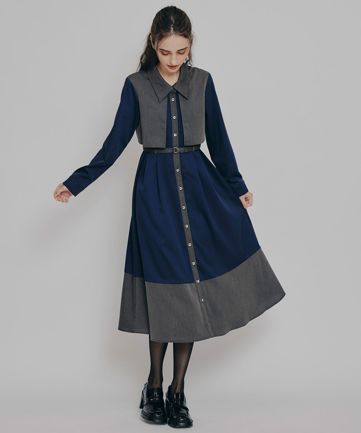 REDYAZEL「カラーブロッキングシャツロングフレアワンピース」|ワンピース|