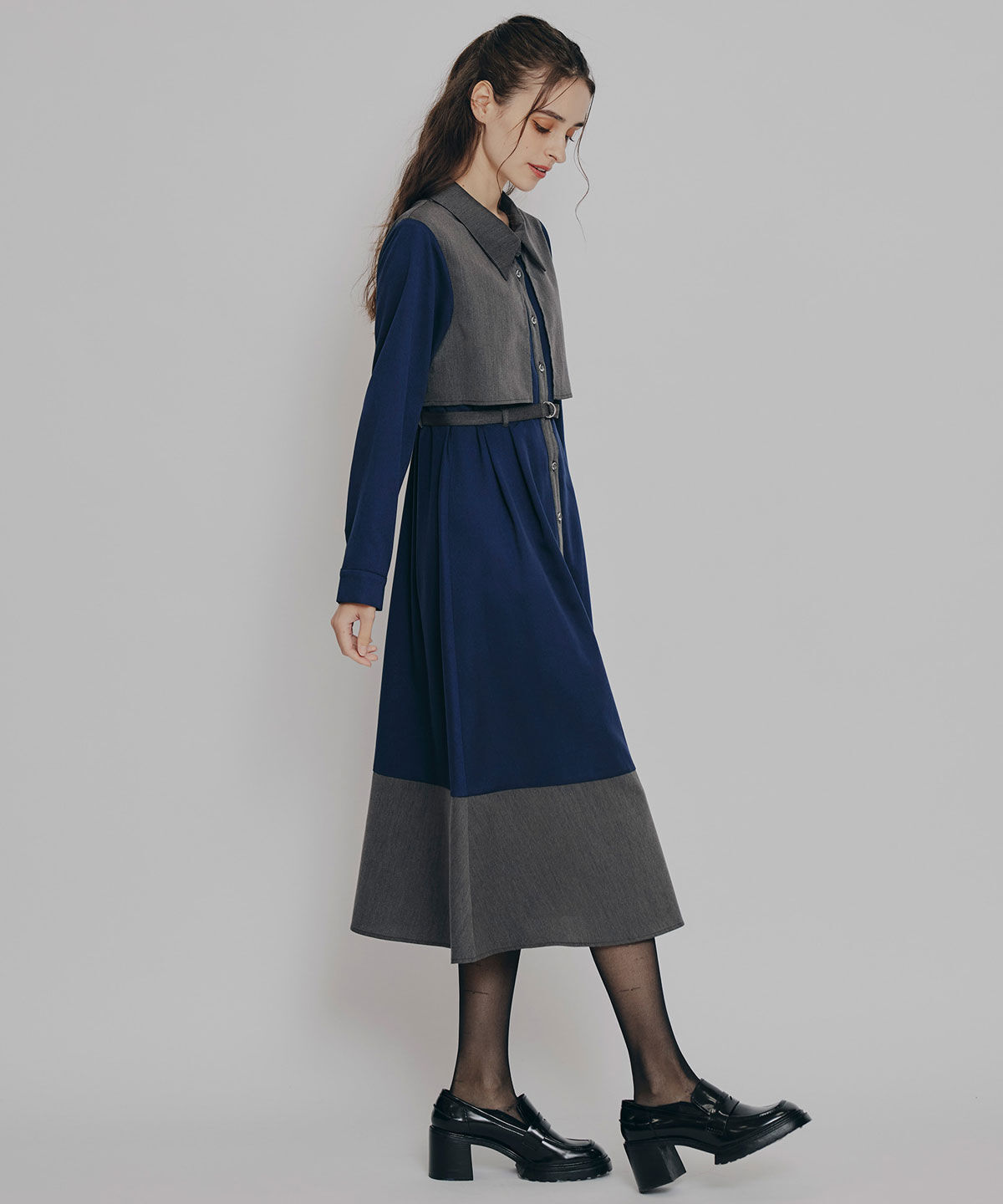 REDYAZEL「カラーブロッキングシャツロングフレアワンピース」|ワンピース|