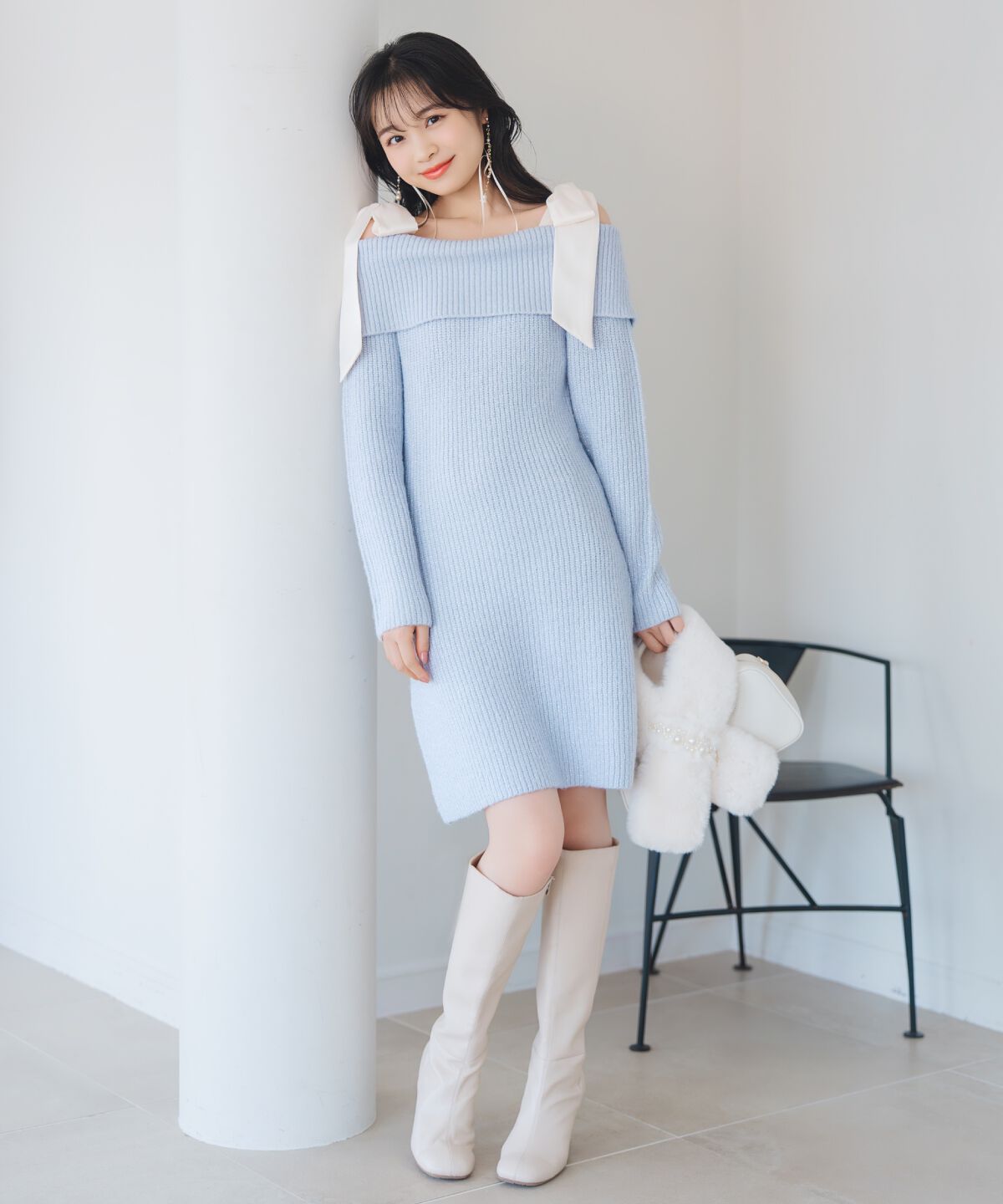 WILLSELECTION「リボンショルダーオフショルニットワンピース」|ワンピース|サックス