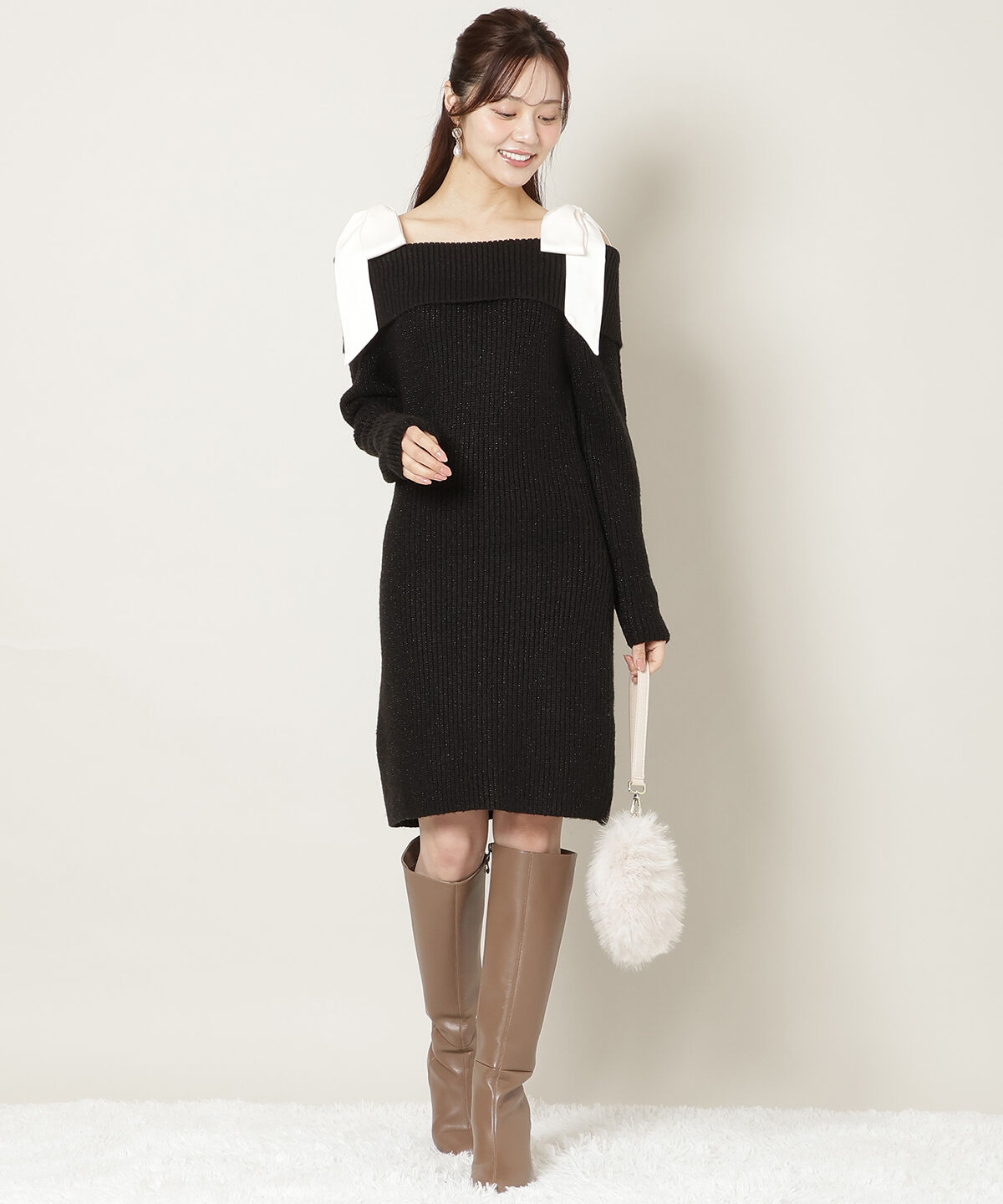 WILLSELECTION「リボンショルダーオフショルニットワンピース」|ワンピース|ブラック