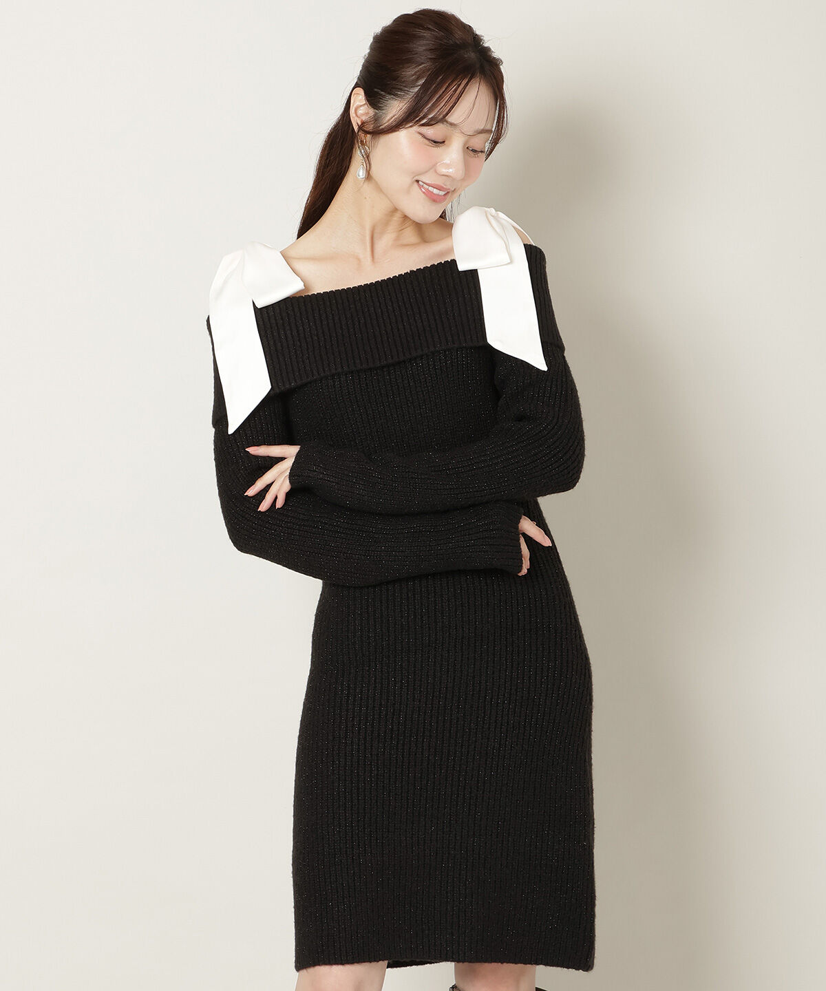 WILLSELECTION「リボンショルダーオフショルニットワンピース」|ワンピース|