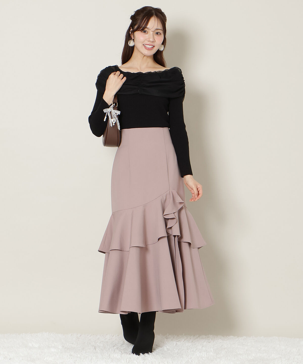 WILLSELECTION「スリットデザインラッフルハイウエストスカート」|フレア|ピンク