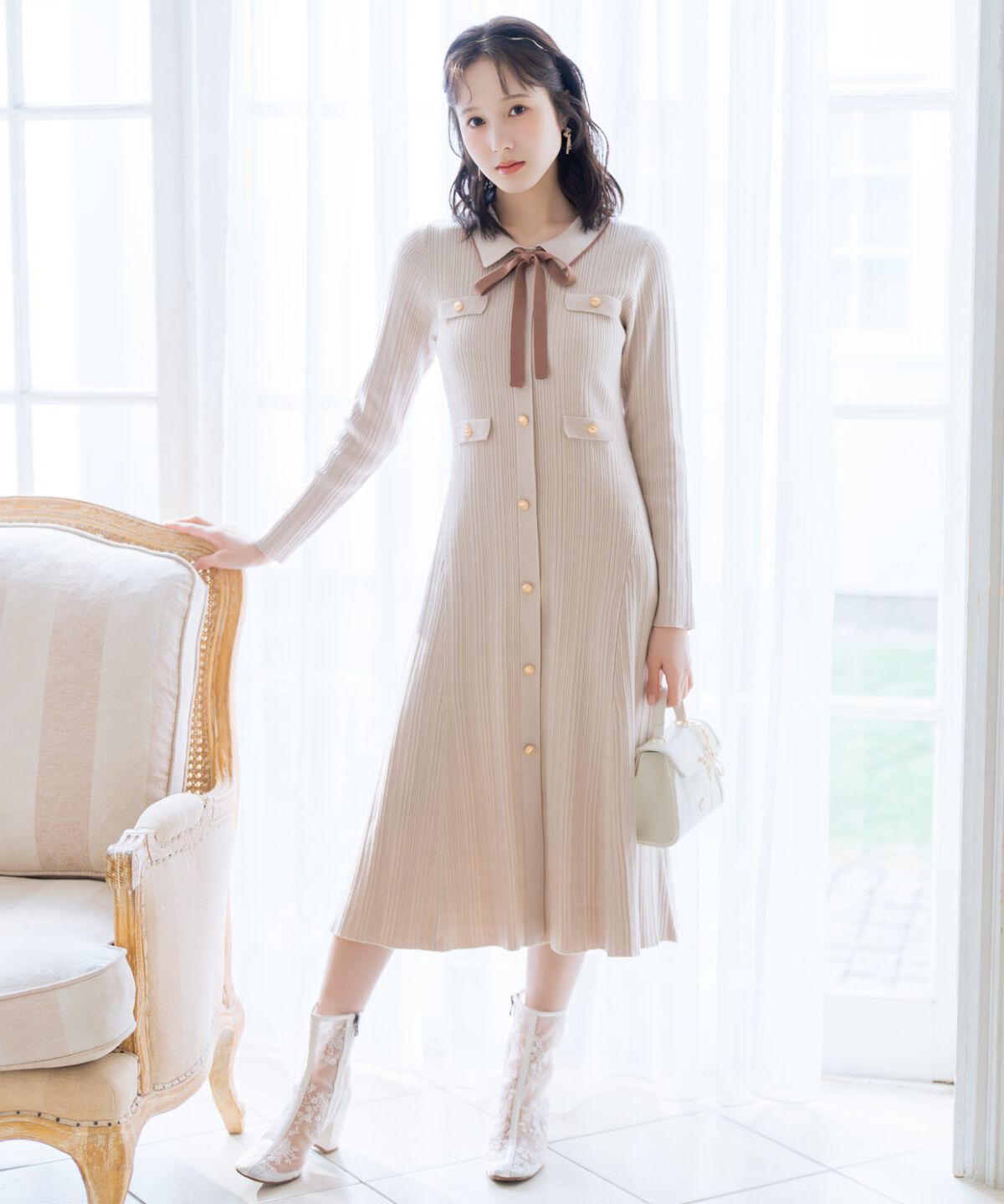 WILLSELECTION「フロントボタンリボンタイニットワンピース」|ワンピース|ピンク