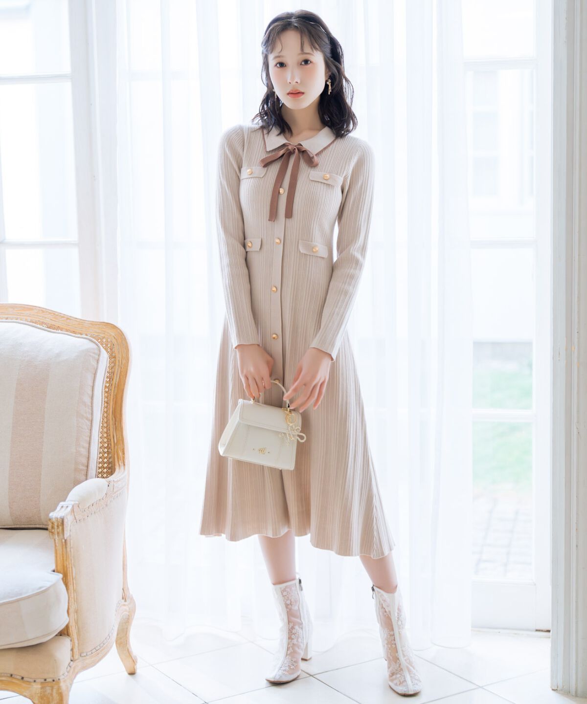 WILLSELECTION「フロントボタンリボンタイニットワンピース」|ワンピース|