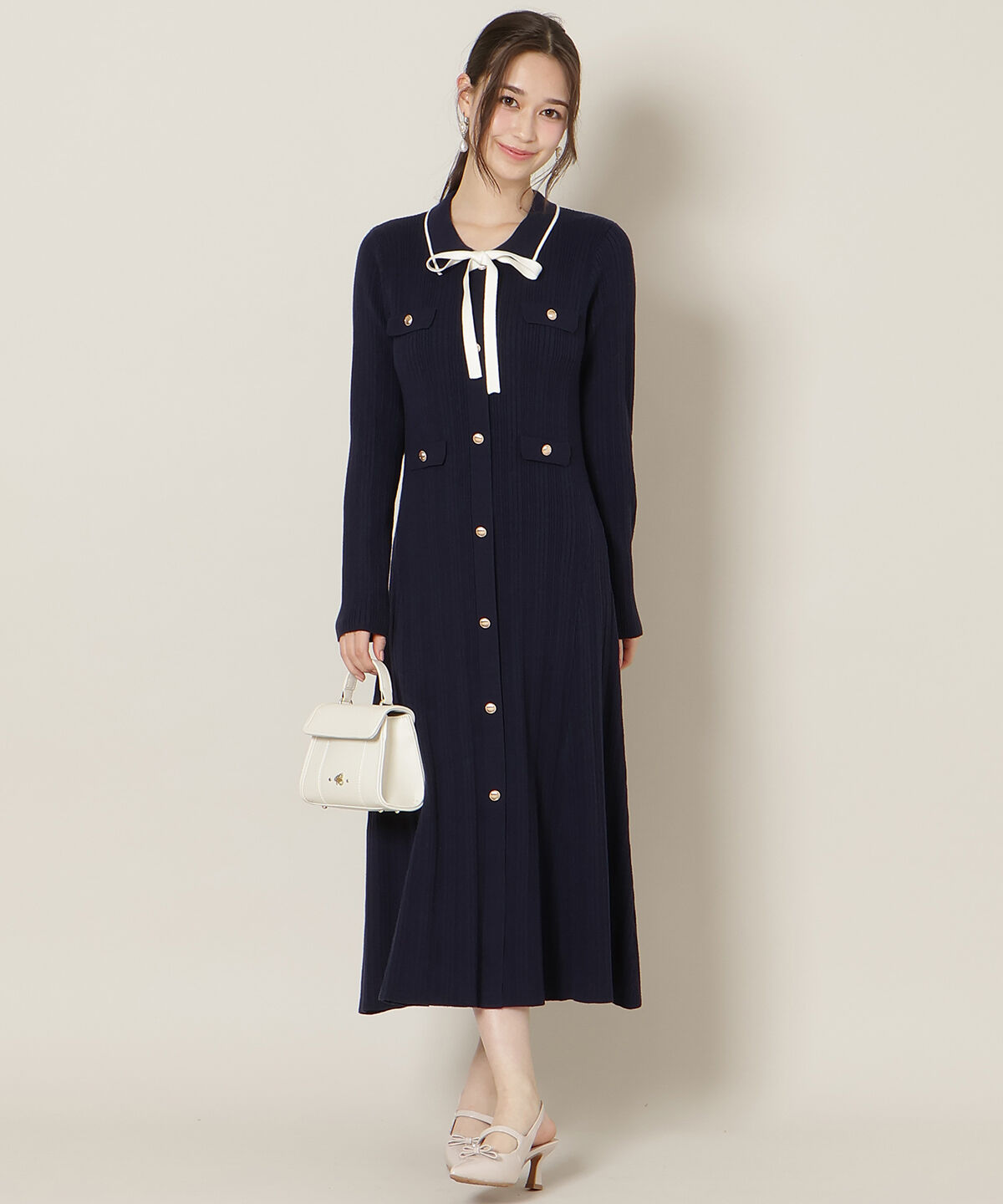 WILLSELECTION「フロントボタンリボンタイニットワンピース」|ワンピース|ネイビー