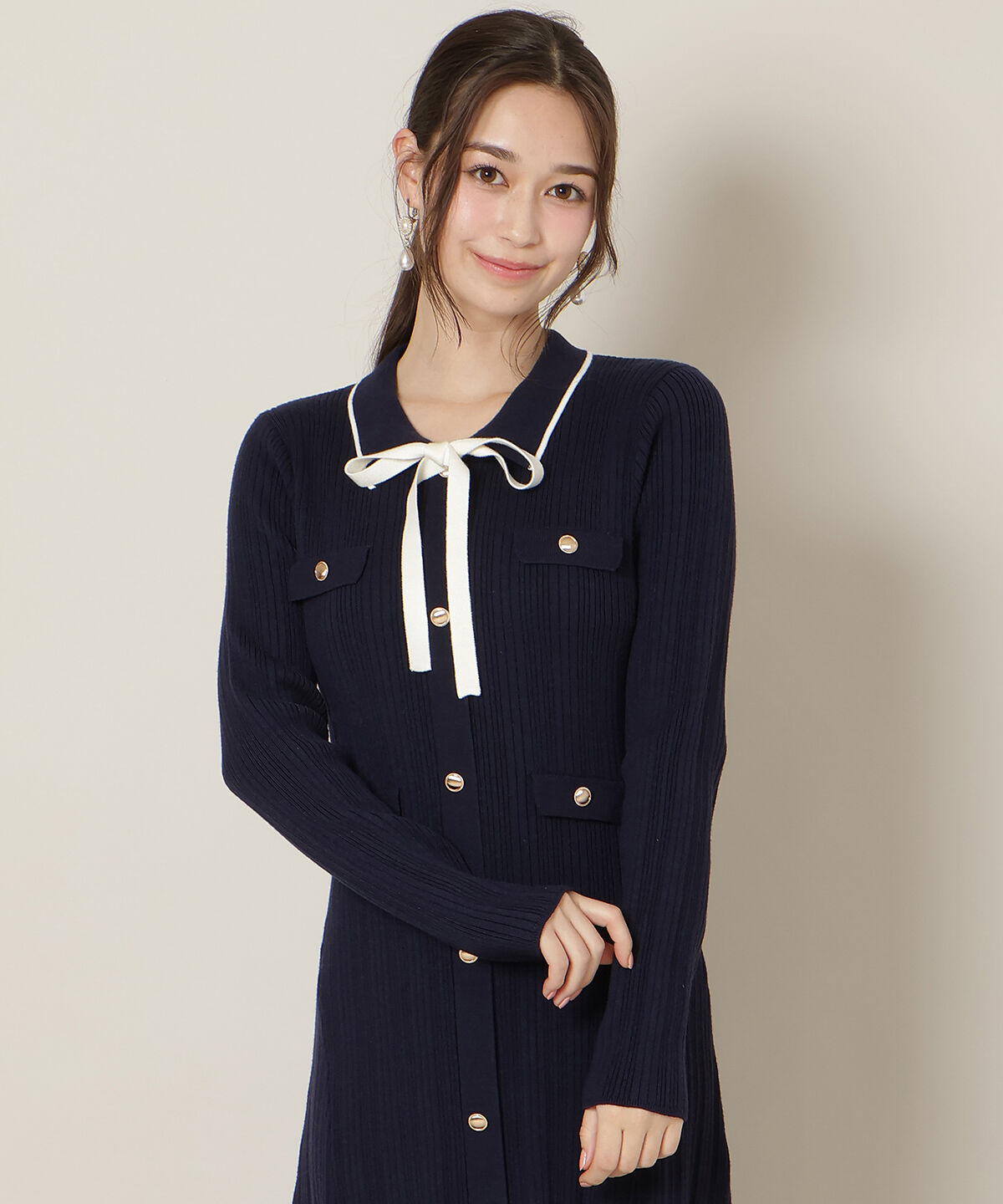 WILLSELECTION「フロントボタンリボンタイニットワンピース」|ワンピース|