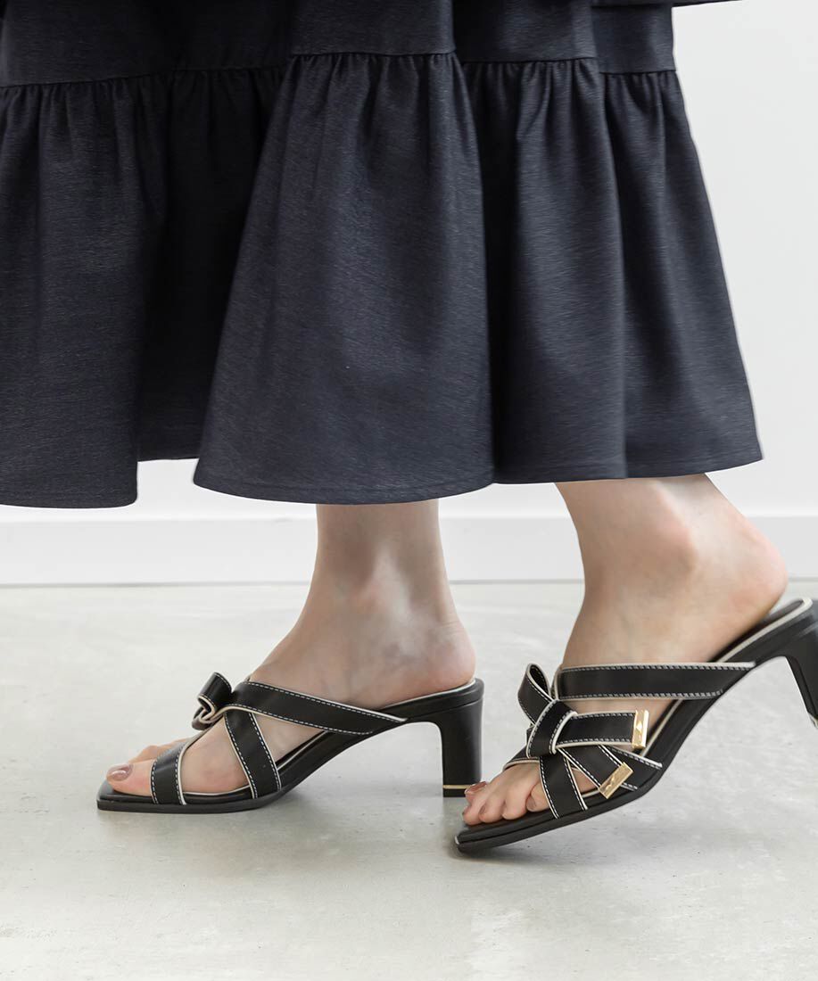  「アシンメトリーリボンミュールサンダル」|パンプス|