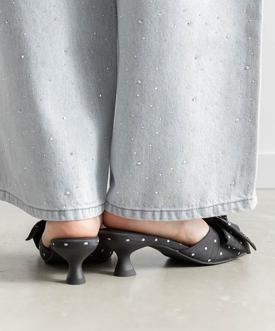  「リボンデザインスクエアトゥミュールサンダル」|パンプス|