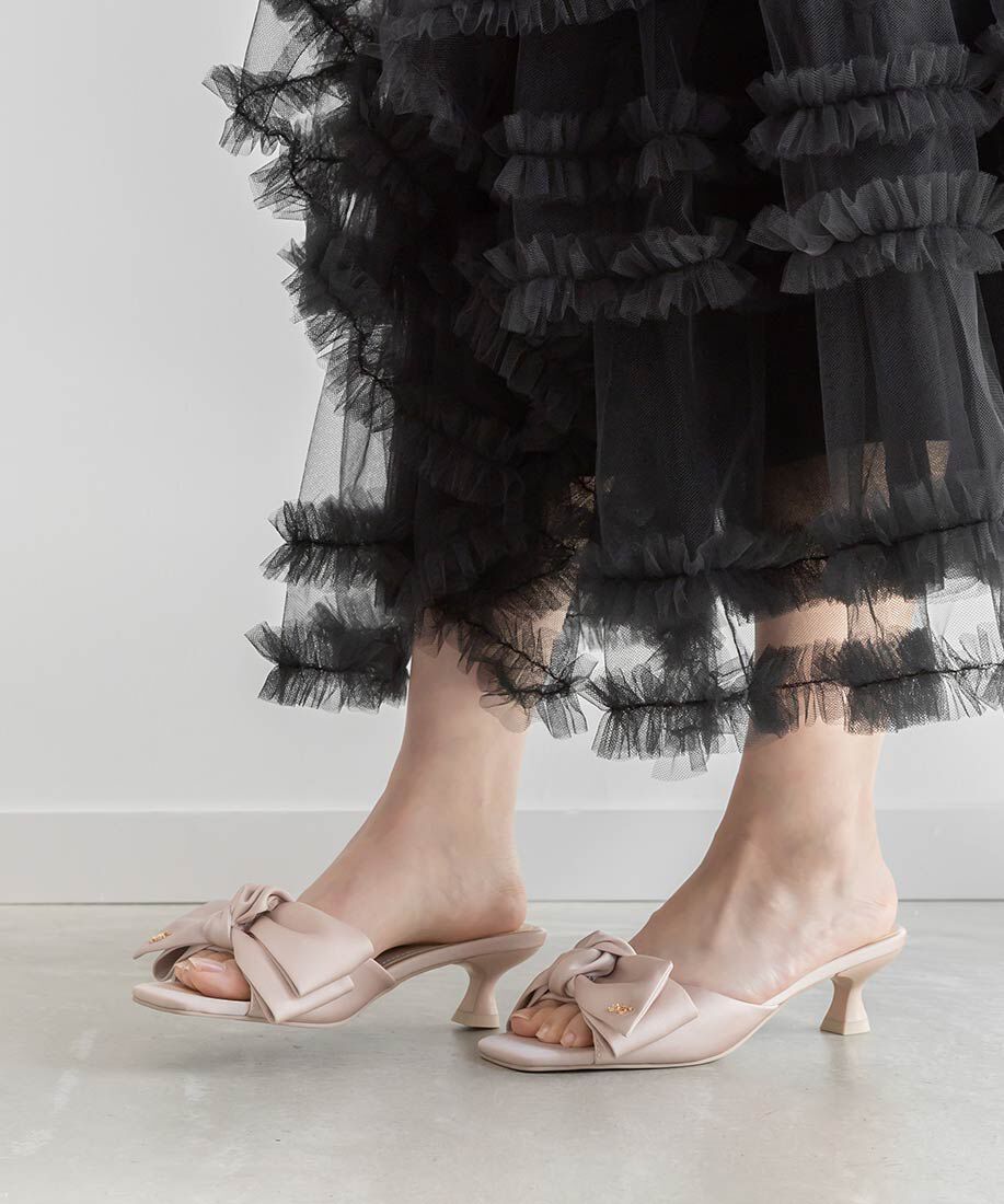  「リボンデザインスクエアトゥミュールサンダル」|パンプス|