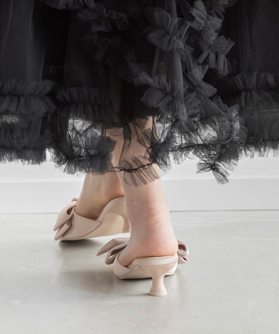  「リボンデザインスクエアトゥミュールサンダル」|パンプス|