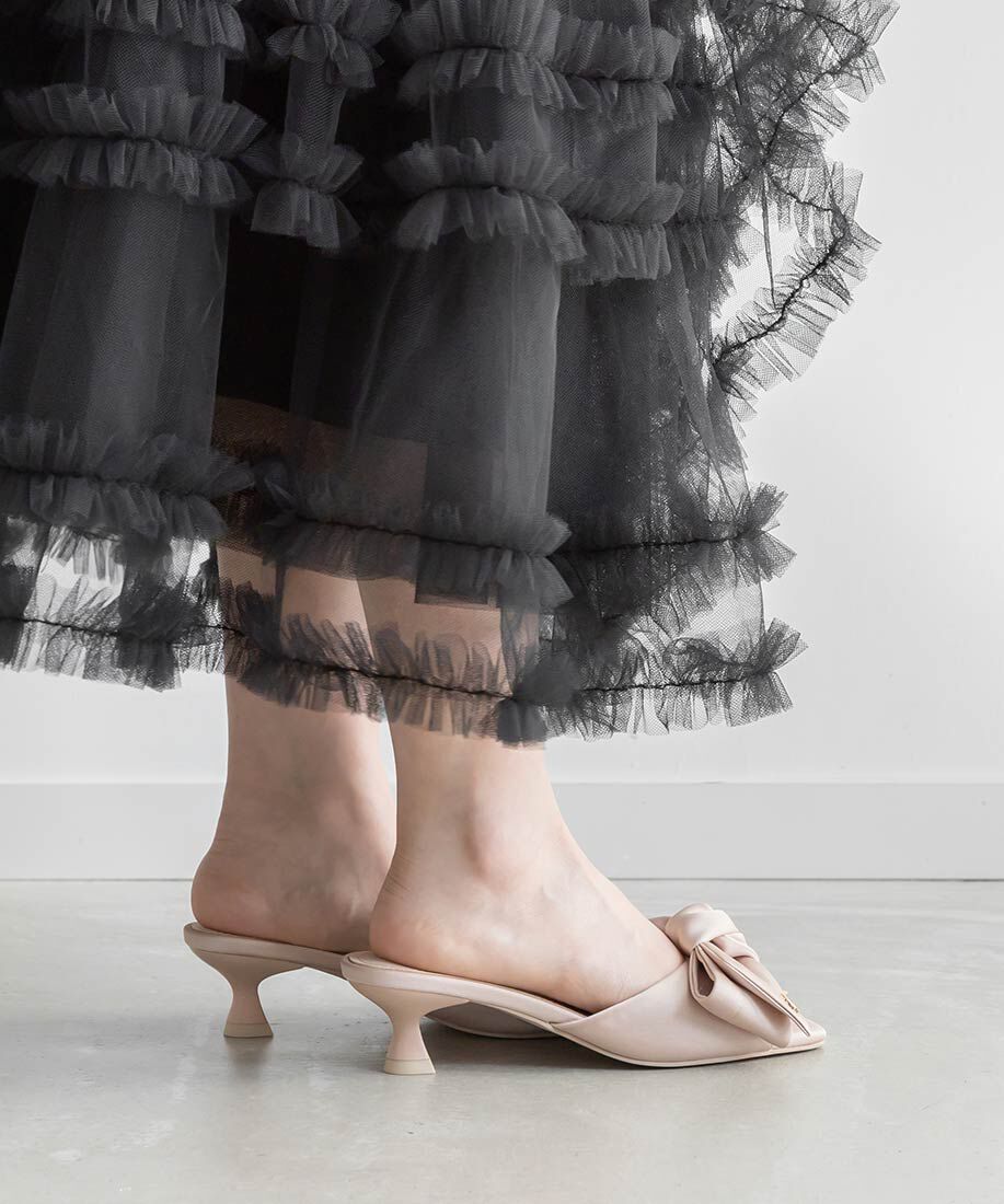  「リボンデザインスクエアトゥミュールサンダル」|パンプス|