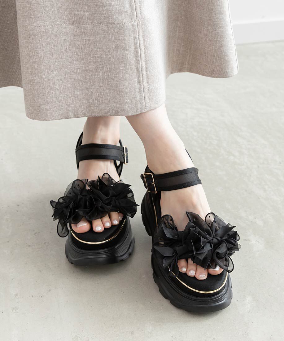  「ミニリボンボリュームソールスポーツサンダル」|サンダル|ブラック