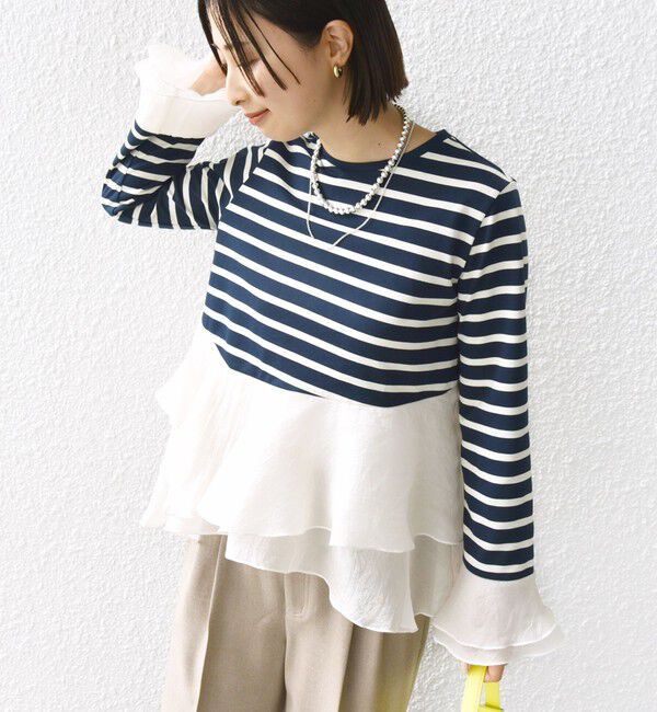 SHIPS for women「【WEB限定】〈手洗い可能〉ボーダー フリル ティアード プルオーバー」|Tシャツ・カットソー|