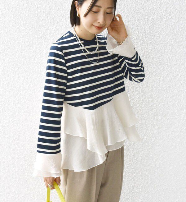 SHIPS for women「【WEB限定】〈手洗い可能〉ボーダー フリル ティアード プルオーバー」|Tシャツ・カットソー|