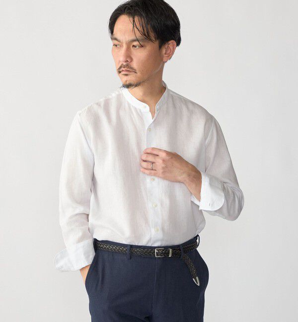 SHIPS「SHIPS: ウォッシュド リネン バンドカラー ソリッド シャツ」|シャツ・ブラウス|ホワイト