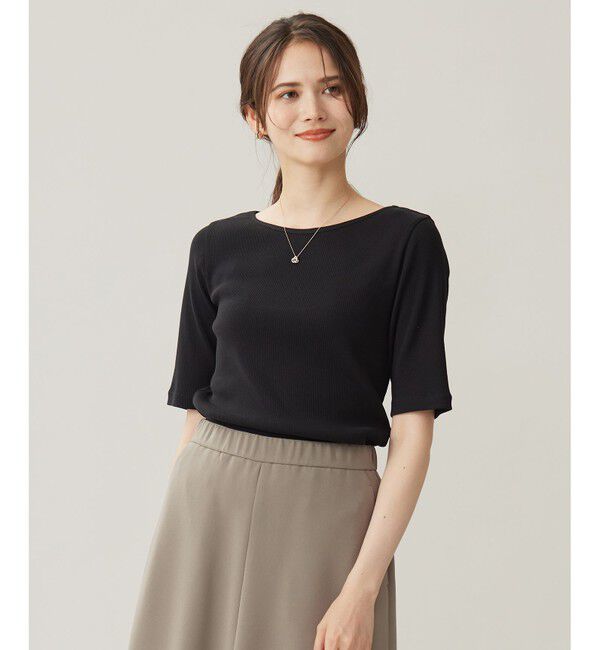 自由区「【洗える】ソフトリブ5分袖 Tシャツ」|Tシャツ・カットソー|ブラック