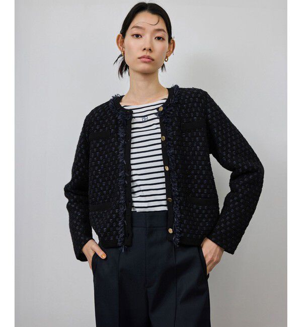 ROPE「ニットフリンジジャケット」|ノーカラージャケット|