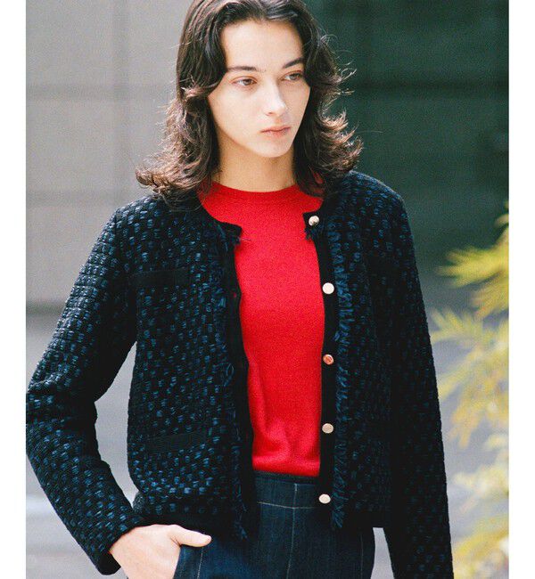 ROPE「ニットフリンジジャケット」|ノーカラージャケット|