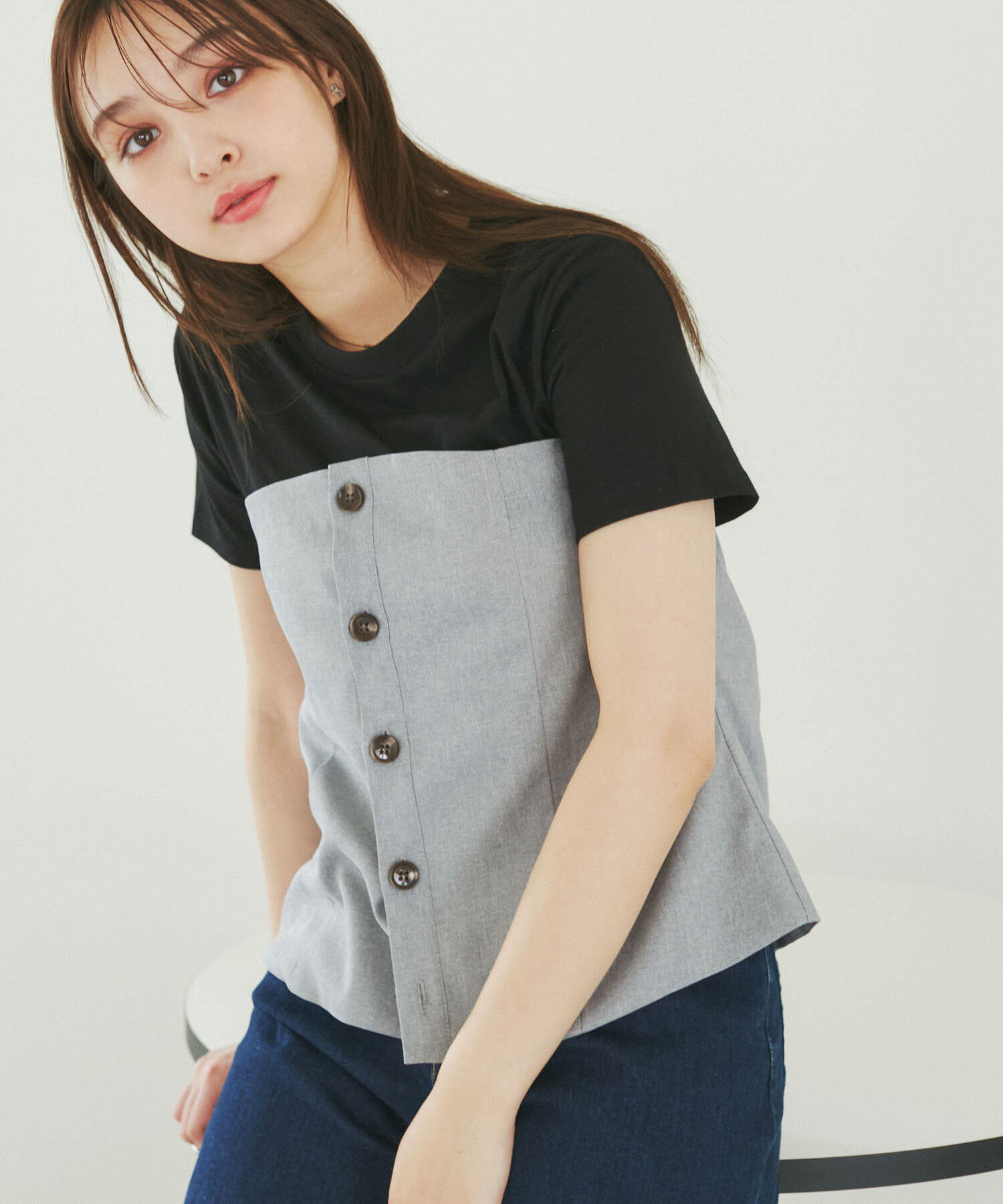 Rope&rsquo;Picnic「異素材ドッキングレイヤードトップス」|Tシャツ・カットソー|ブラック(01)