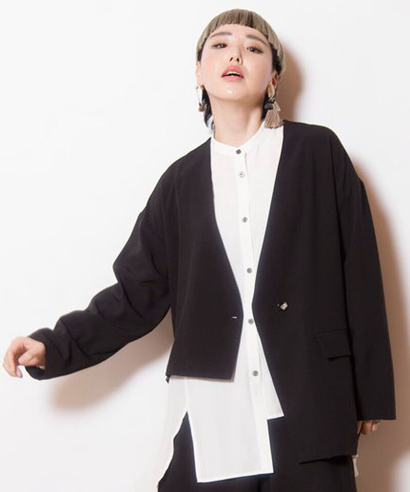  「ノーカラーアシンメトリージャケット」|ノーカラージャケット|BLACK