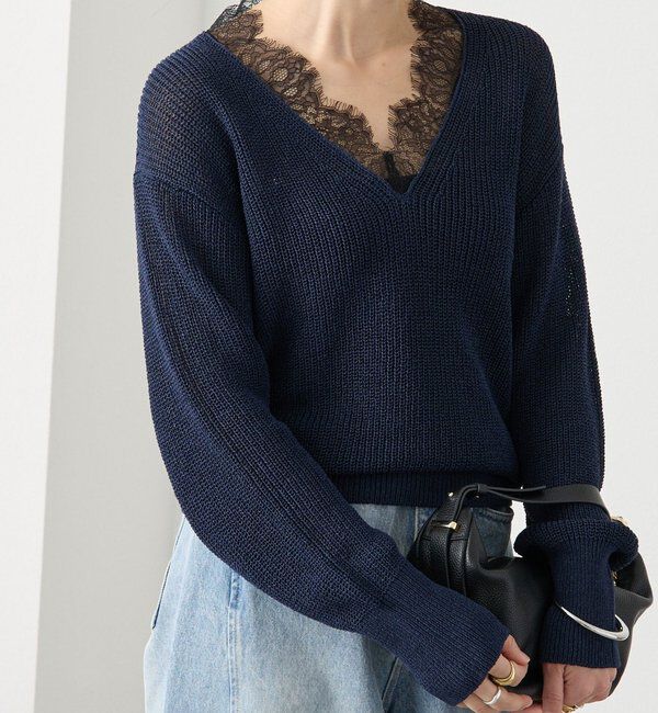  「【トレンド感抜群】ペーパーヤーンレース衿ニット」|ニット・セーター|ネイビー