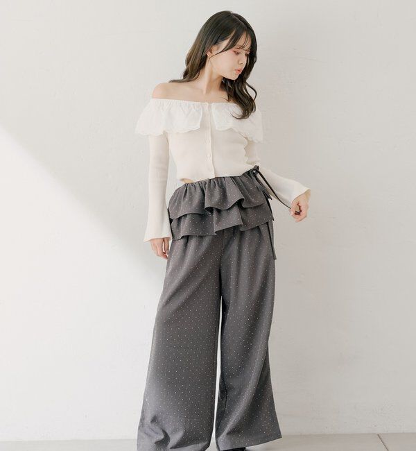  「【SALON by Chico】取り外しフリルルーズラインストーンスラックス」|チノ|