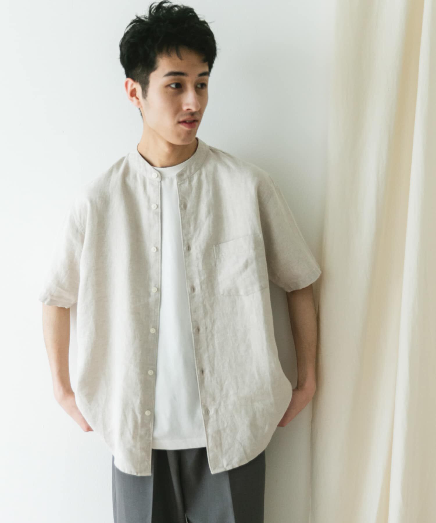 URBAN RESEARCH DOORS「『XLｻｲｽﾞ/WEB限定』ｼﾙｹｯﾄﾘﾈﾝ ﾊﾞﾝﾄﾞｶﾗｰｼｮｰﾄｽﾘｰ」|シャツ・ブラウス|