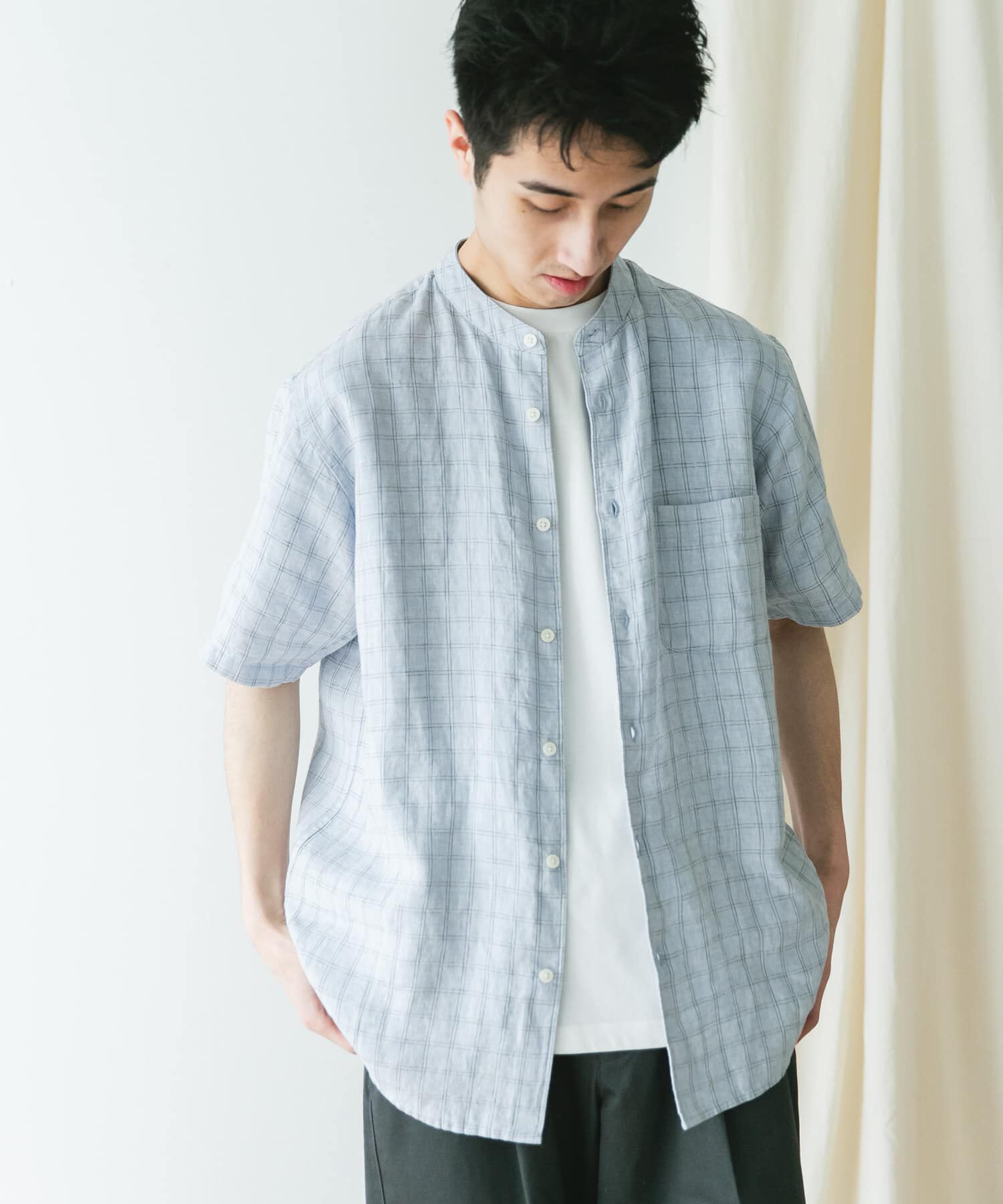 URBAN RESEARCH DOORS「『XLｻｲｽﾞ/WEB限定』ｼﾙｹｯﾄﾘﾈﾝ ﾊﾞﾝﾄﾞｶﾗｰｼｮｰﾄｽﾘｰ」|シャツ・ブラウス|