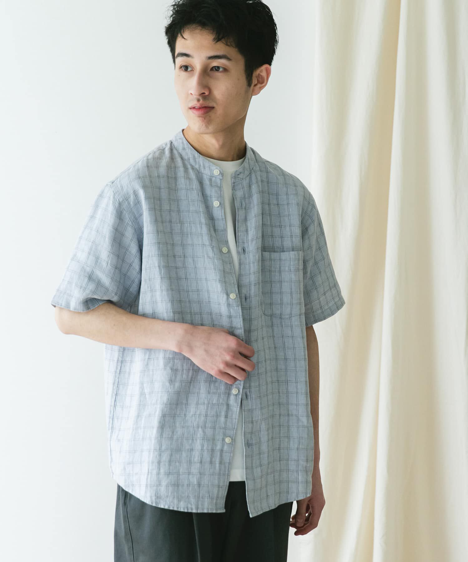 URBAN RESEARCH DOORS「『XLｻｲｽﾞ/WEB限定』ｼﾙｹｯﾄﾘﾈﾝ ﾊﾞﾝﾄﾞｶﾗｰｼｮｰﾄｽﾘｰ」|シャツ・ブラウス|