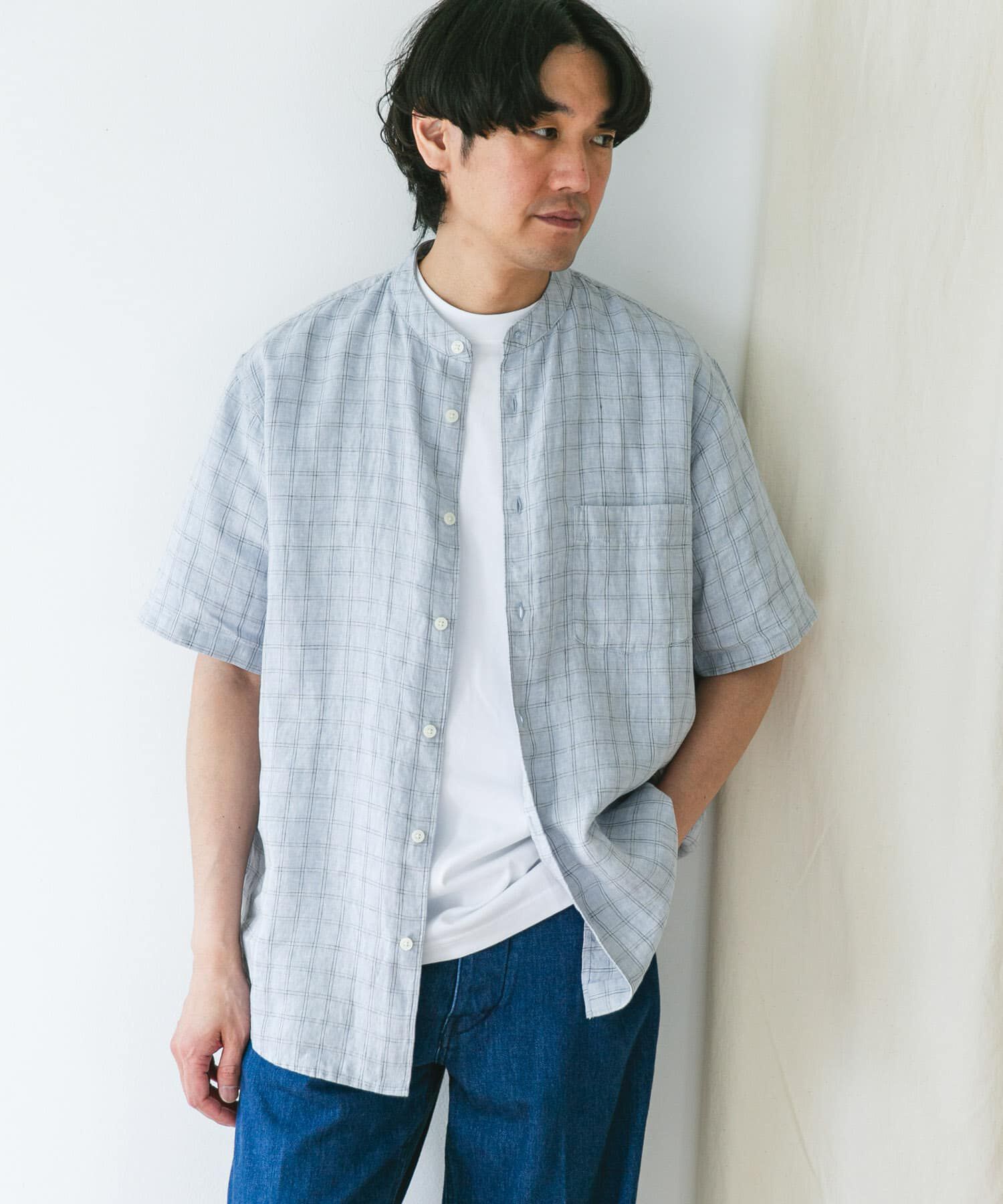 URBAN RESEARCH DOORS「『XLｻｲｽﾞ/WEB限定』ｼﾙｹｯﾄﾘﾈﾝ ﾊﾞﾝﾄﾞｶﾗｰｼｮｰﾄｽﾘｰ」|シャツ・ブラウス|