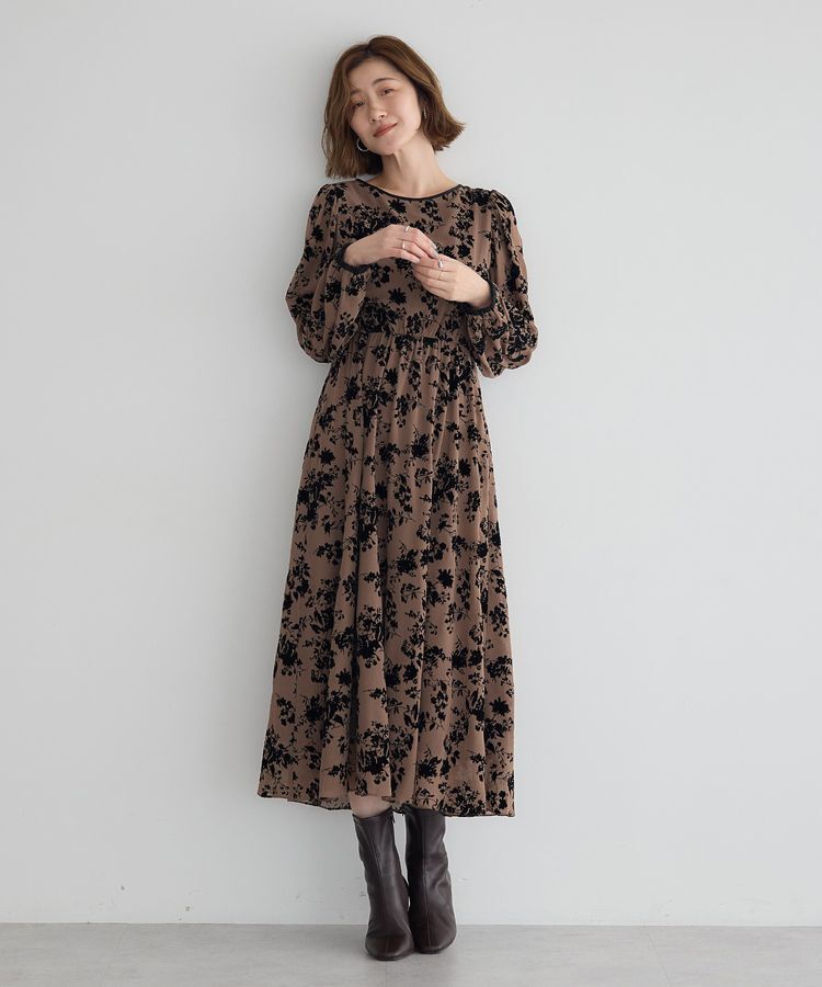 YECCA VECCA「ボタニカル柄フロッキープリントワンピース」|ワンピース|