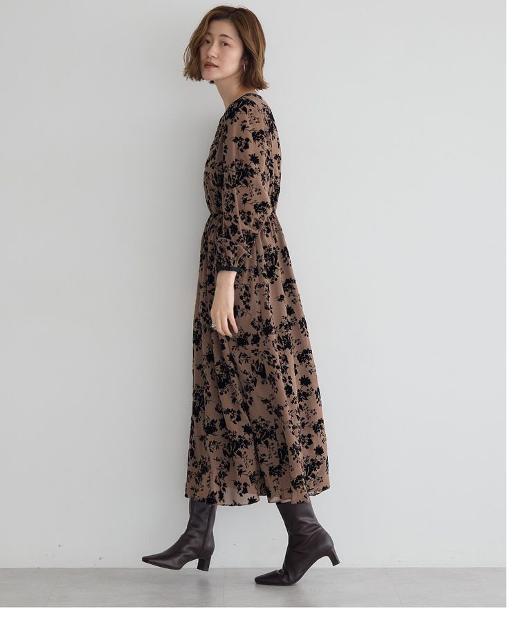 YECCA VECCA「ボタニカル柄フロッキープリントワンピース」|ワンピース|