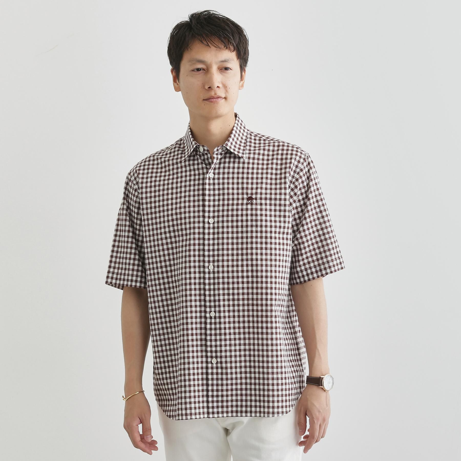 TAKEO KIKUCHI「【LIMITED】ワンポイント刺繍 綿麻チェック 半袖シャツ」|シャツ・ブラウス|
