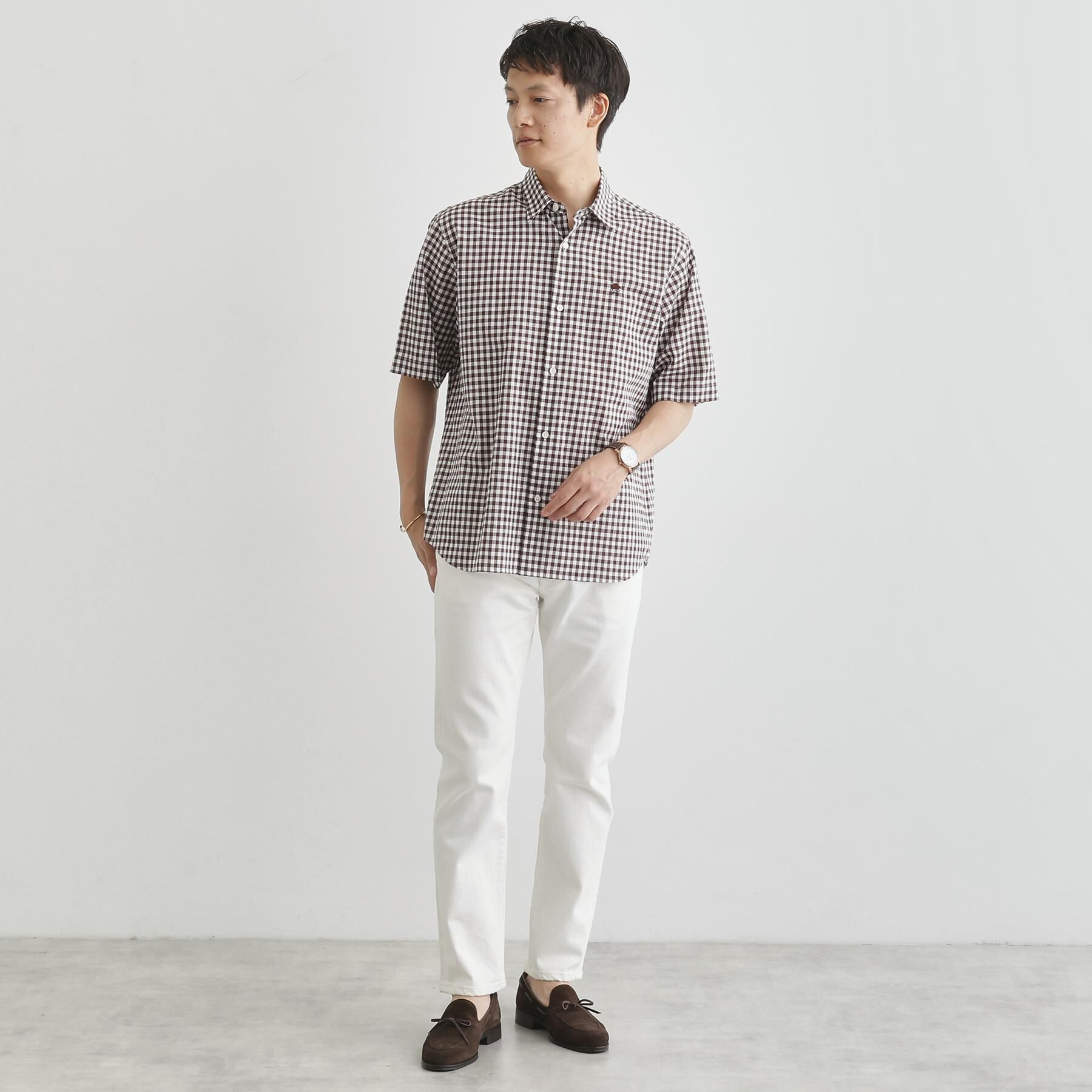 TAKEO KIKUCHI「【LIMITED】ワンポイント刺繍 綿麻チェック 半袖シャツ」|シャツ・ブラウス|