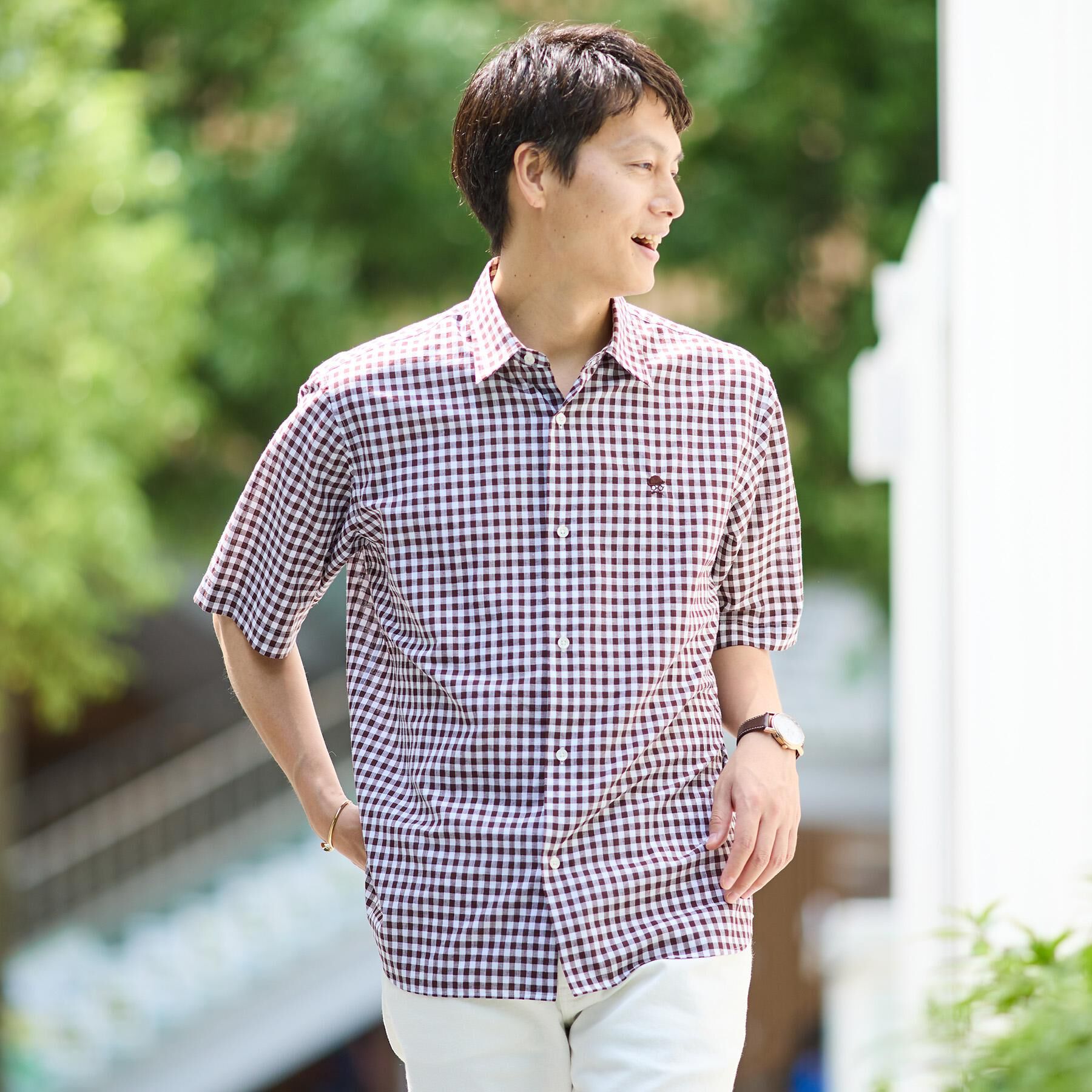 TAKEO KIKUCHI「【LIMITED】ワンポイント刺繍 綿麻チェック 半袖シャツ」|シャツ・ブラウス|