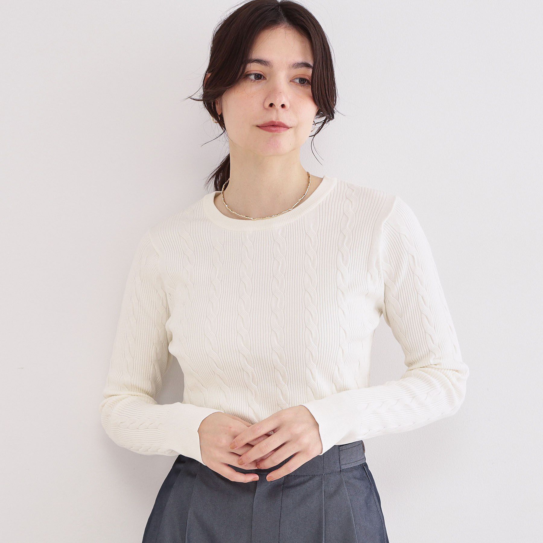 OPAQUE.CLIP「ケーブル編みニット【洗濯機OK】」|ニット・セーター|ホワイト(001)