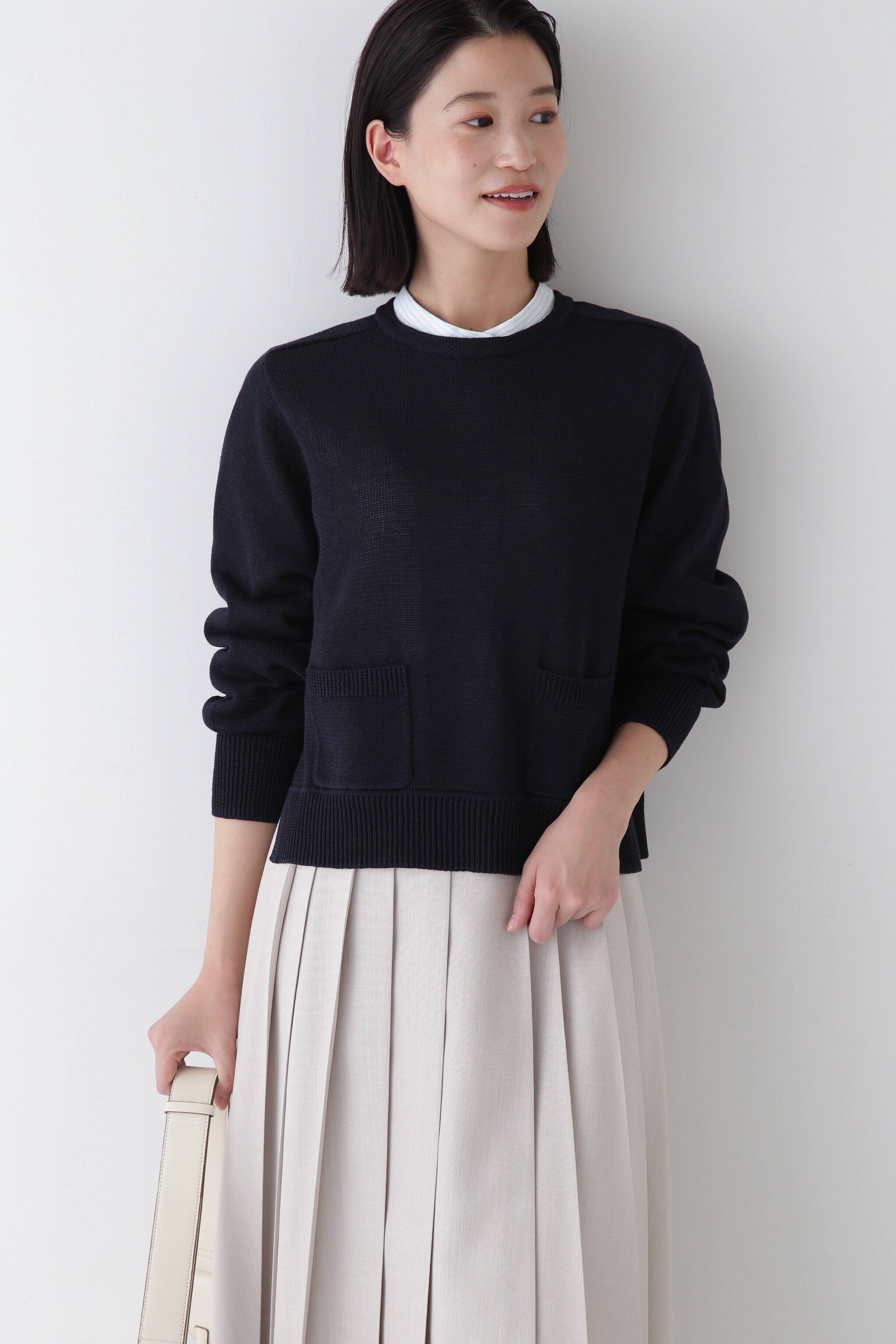  「◆【ウォッシャブル】ミドルゲージギマポケット付プルオーバー」|ニット・セーター|ネイビー