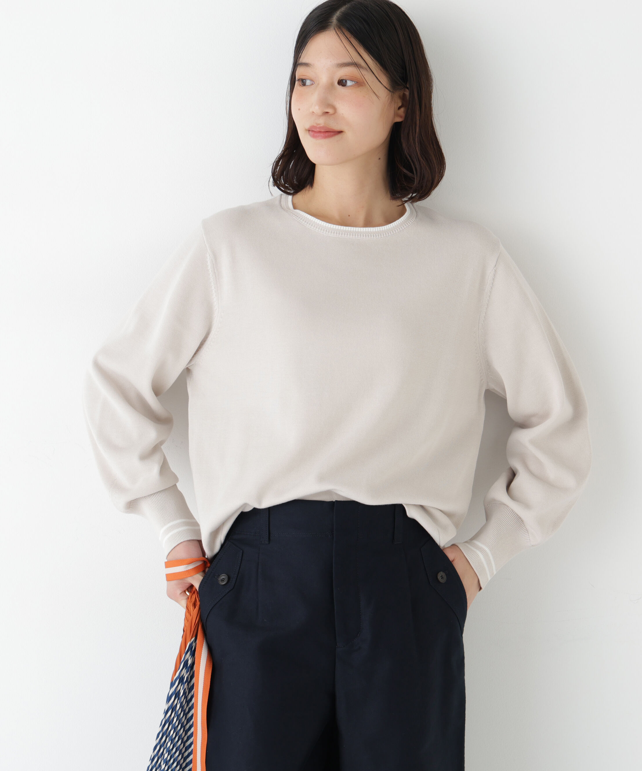  「◆《ウォッシャブル》オーガニックコットン混ライン入プルオーバー」|ニット・セーター|