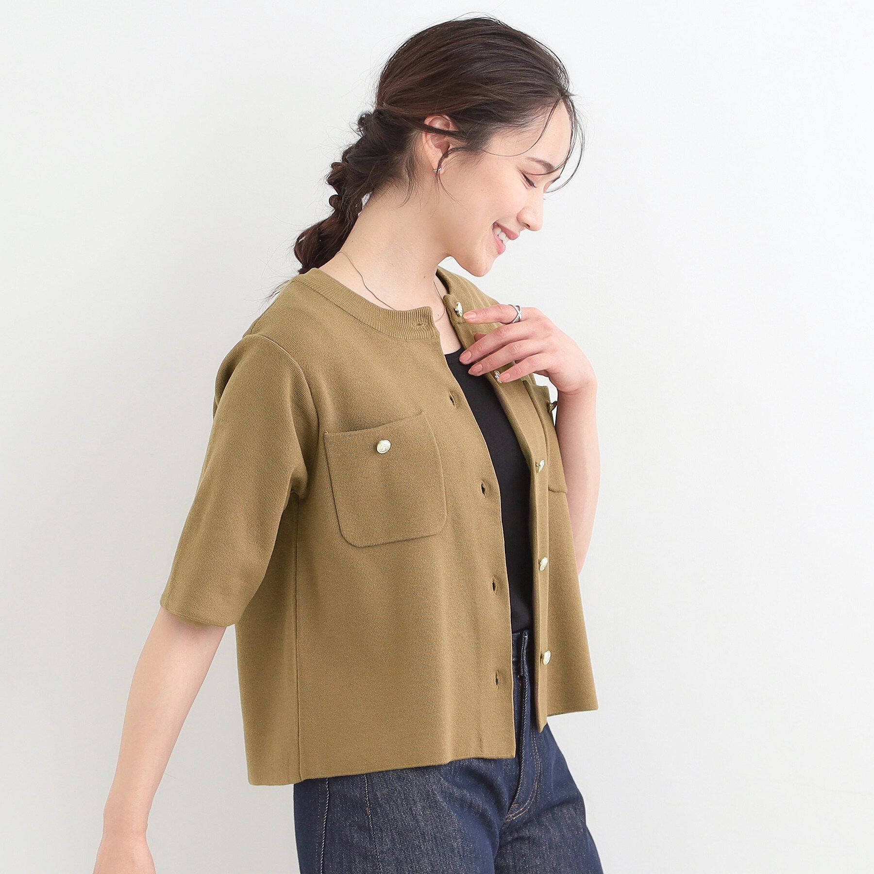 SHOO･LA･RUE「【S-LL/洗濯機可】金ボタン5分袖カーディガン」|カーディガン|