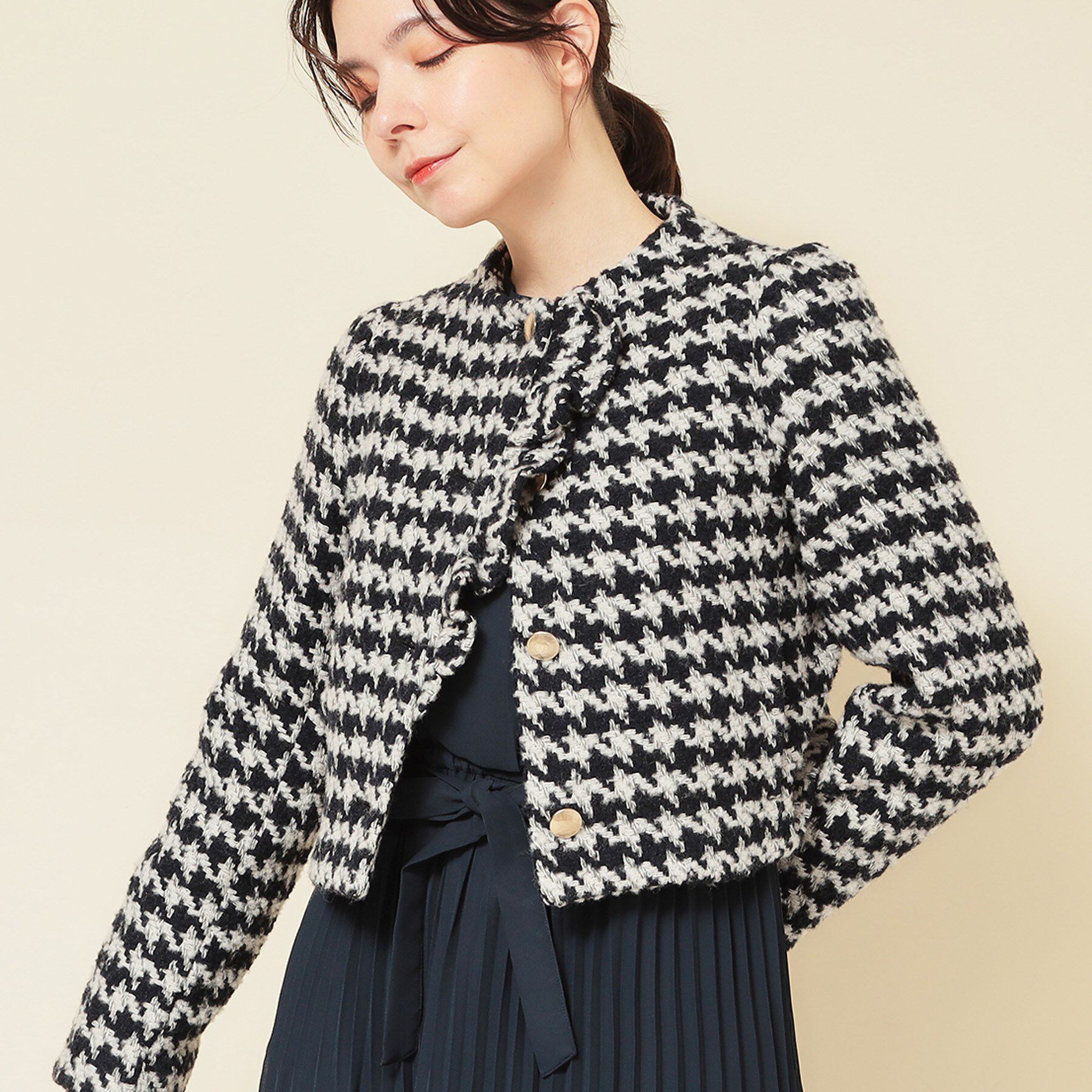 SunaUna「【COLLECTION LINE】ツイードラッフルジャケット」|ノーカラージャケット|ブラック(419)