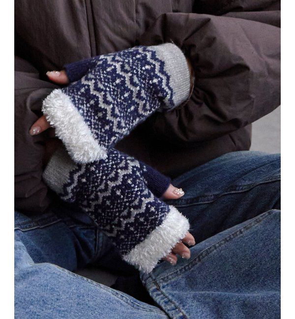 Lbc with Life「ジャガード指手先ファーニット」|手袋|ネイビーブルー